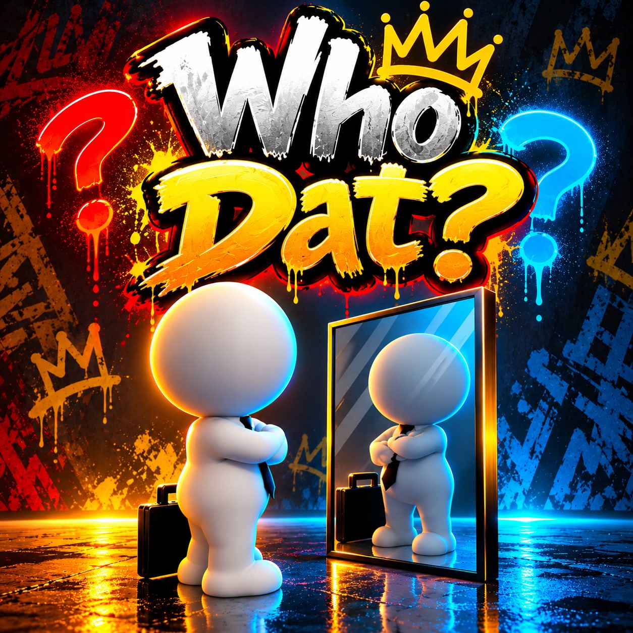 WHO DAT? cover art: the title in gold and white graffiti letters between a red and a blue question mark, above a faceless white figure studying its reflection in a mirror.